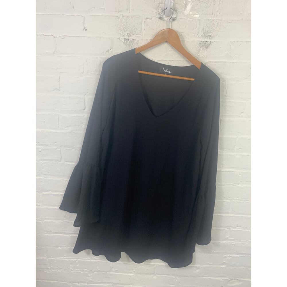 Lulus Women's V-Neck woven Shift Dress Bell Sleeves Stretch Black Size XL